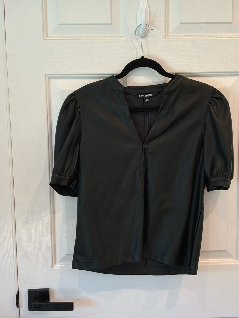 Steve Madden Black Faux Leather Notch-Neck Puff Sleeve Blouse